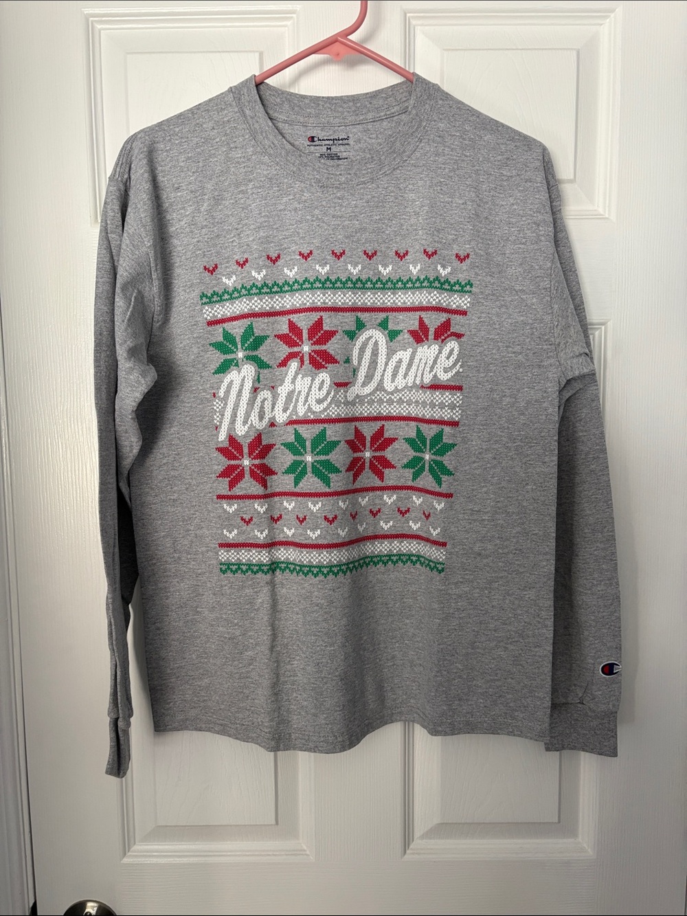 Champion Gray Notre Dame Holiday Long Sleeve Tee with Red and Green Poinsettias